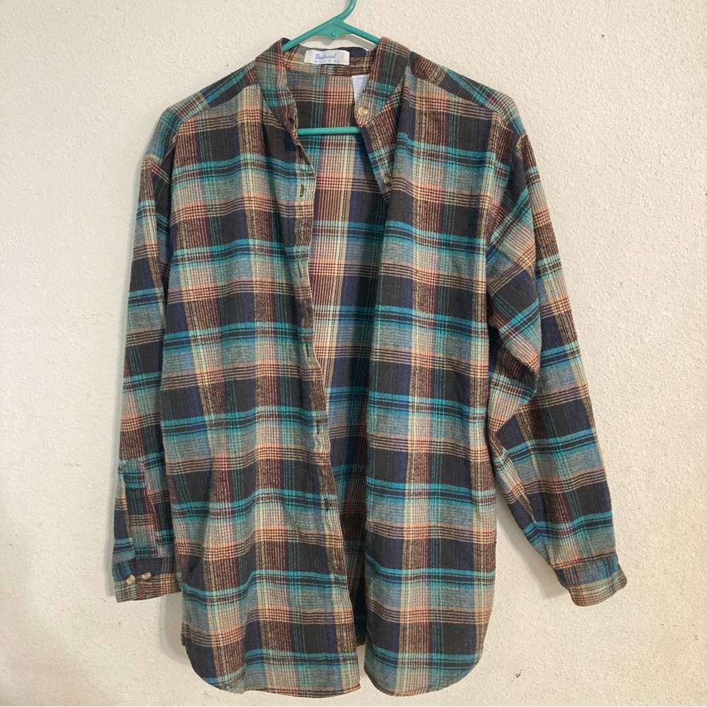 Plaid Button-Down Shirt in Teal and Brown - Classic Women’s Top